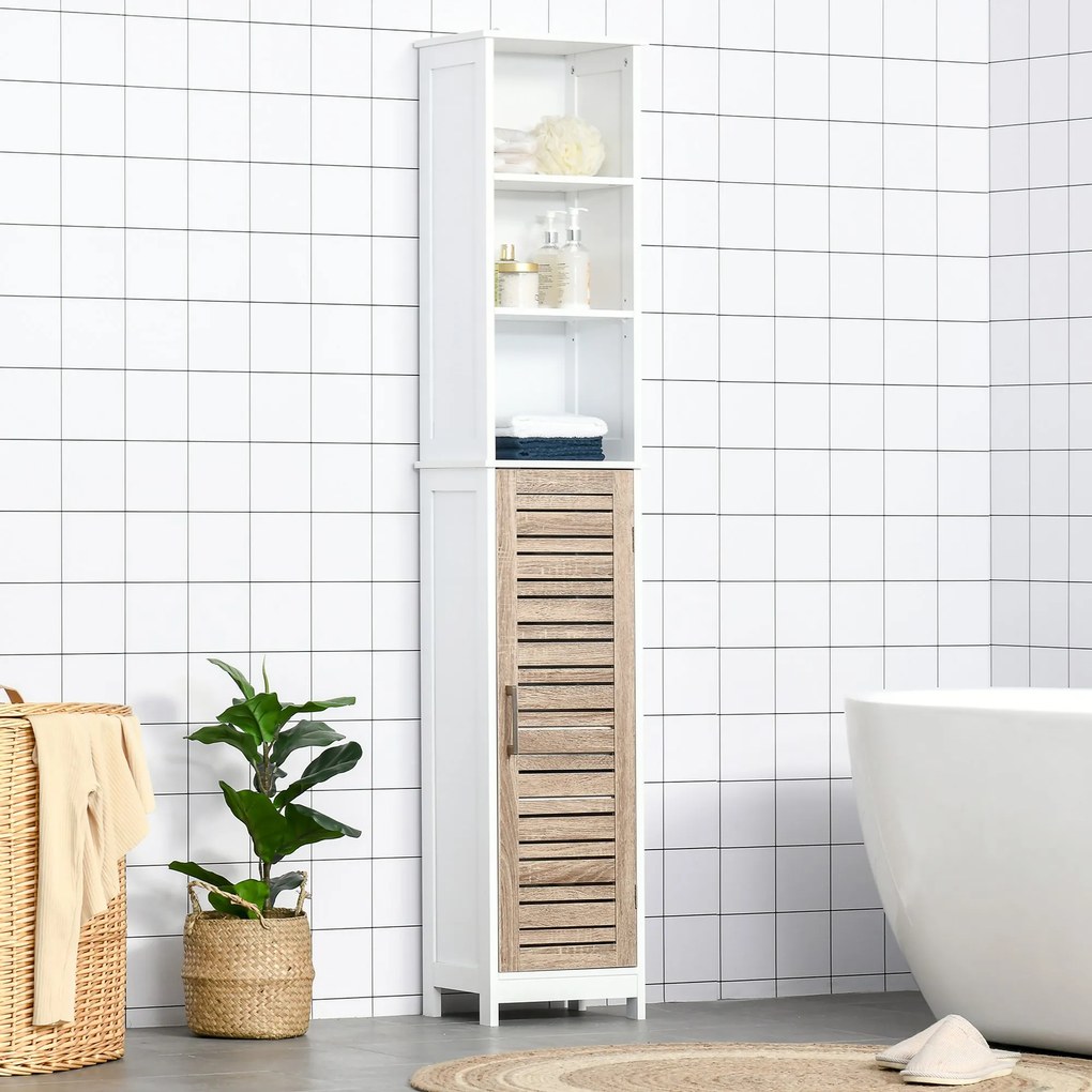 Armário Alto de Casa de Banho com Prateleiras Ajustáveis e 1 Porta Móvel Auxiliar de Armazenamento para Sala de Estar Cozinha Anti-Rolamento 34x26x172