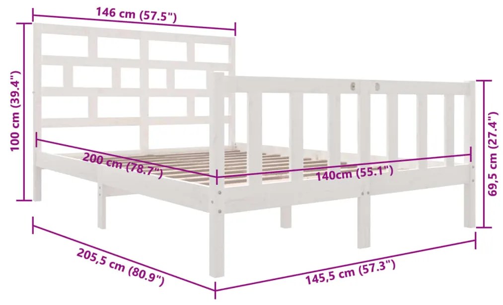 Estrutura de cama 140x200 cm madeira de pinho maciça branco