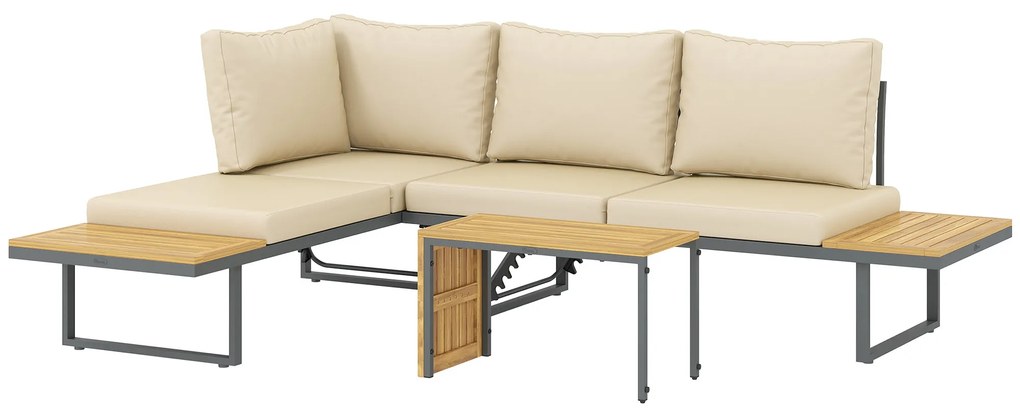 Conjunto de Móveis de Jardim Sofás de Exterior em Forma de L com 2 Sofás de 3 Lugares Assento Ajustável e Mesa Bege e Cinza