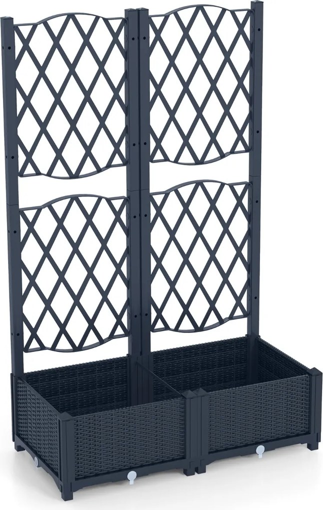 Floreira de jardim elevada dupla com treliça; floreira de plástico para exterior com orifícios de drenagem; vaso de jardim para pátio, cinzento