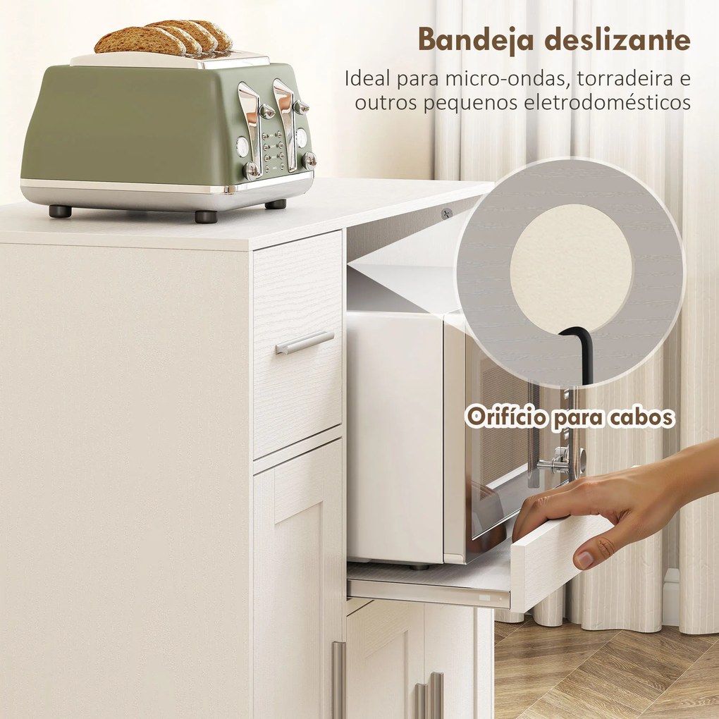 Móvel Auxiliar de Cozinha com Rodas para Microondas com Bandeja Deslizante Gaveta 3 Portas Prateleira Ajustável 80x40x88,7 cm Branco