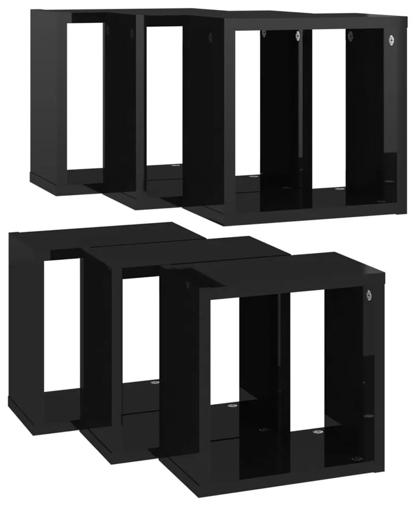 Prateleiras parede forma de cubo 6 pcs 26x15x26 cm preto brilh.