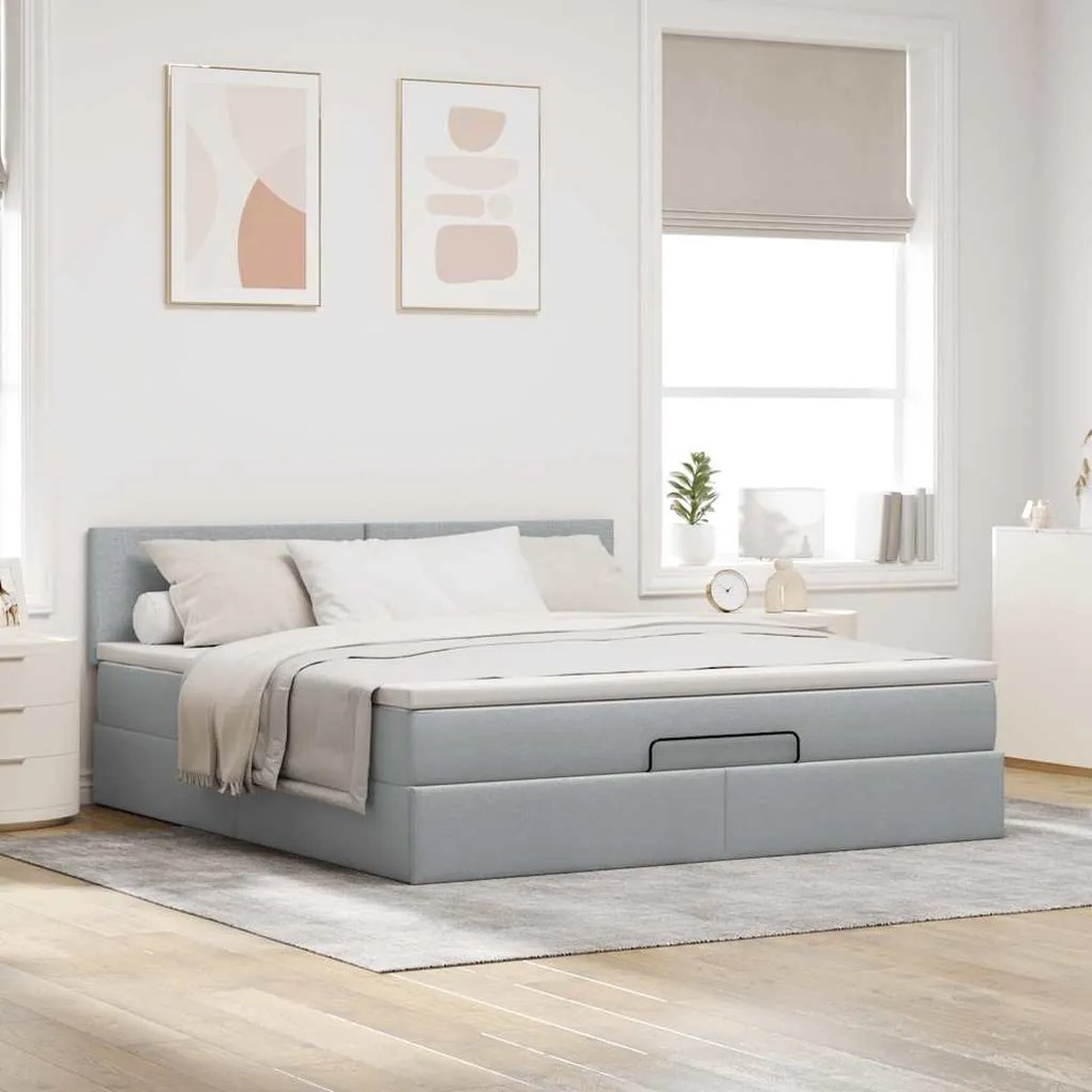 Cama otomana com colchão 160x200 cm tecido cinzento claro
