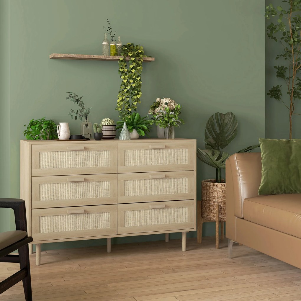 Cómoda com 6 gavetas, móvel de arrumação com trançado de vime, 110 x 40 x 75 cm, acabamento em madeira clara
