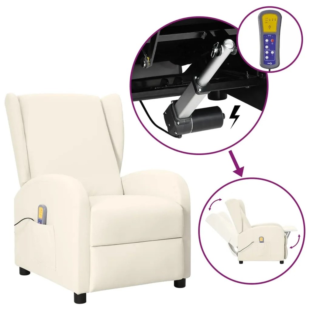 vidaXL Poltrona reclinável elevatória massagens couro artificial creme