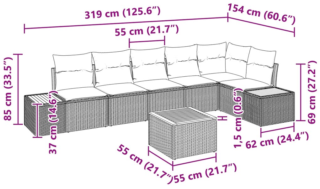 Conjunto de Sofá de 7 Peças com Almofadas Pretas de Vime PE e Acácia