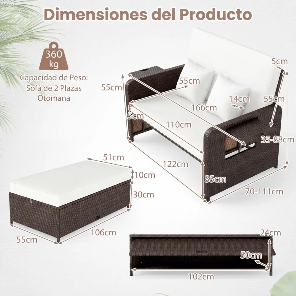 Conjunto de espreguiçadeira e sofá de rattan para jardim, 2 peças, com Pufe com espaço de arrumação, encosto ajustável e mesas dobráveis, castanho + b