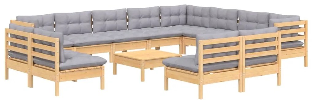 13pcs conjunto lounge de jardim + almofadões cinza pinho maciço