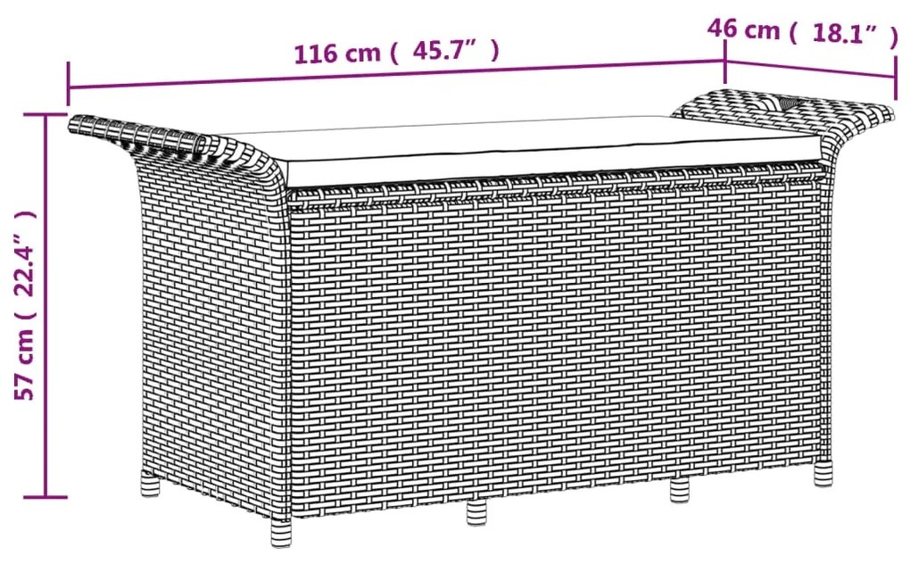 Banco de jardim com almofadão 116x46x57 cm vime PE cinzento