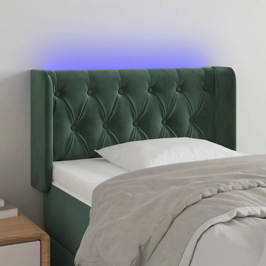 Cabeceira cama c/ luzes LED veludo 83x16x78/88 cm verde-escuro