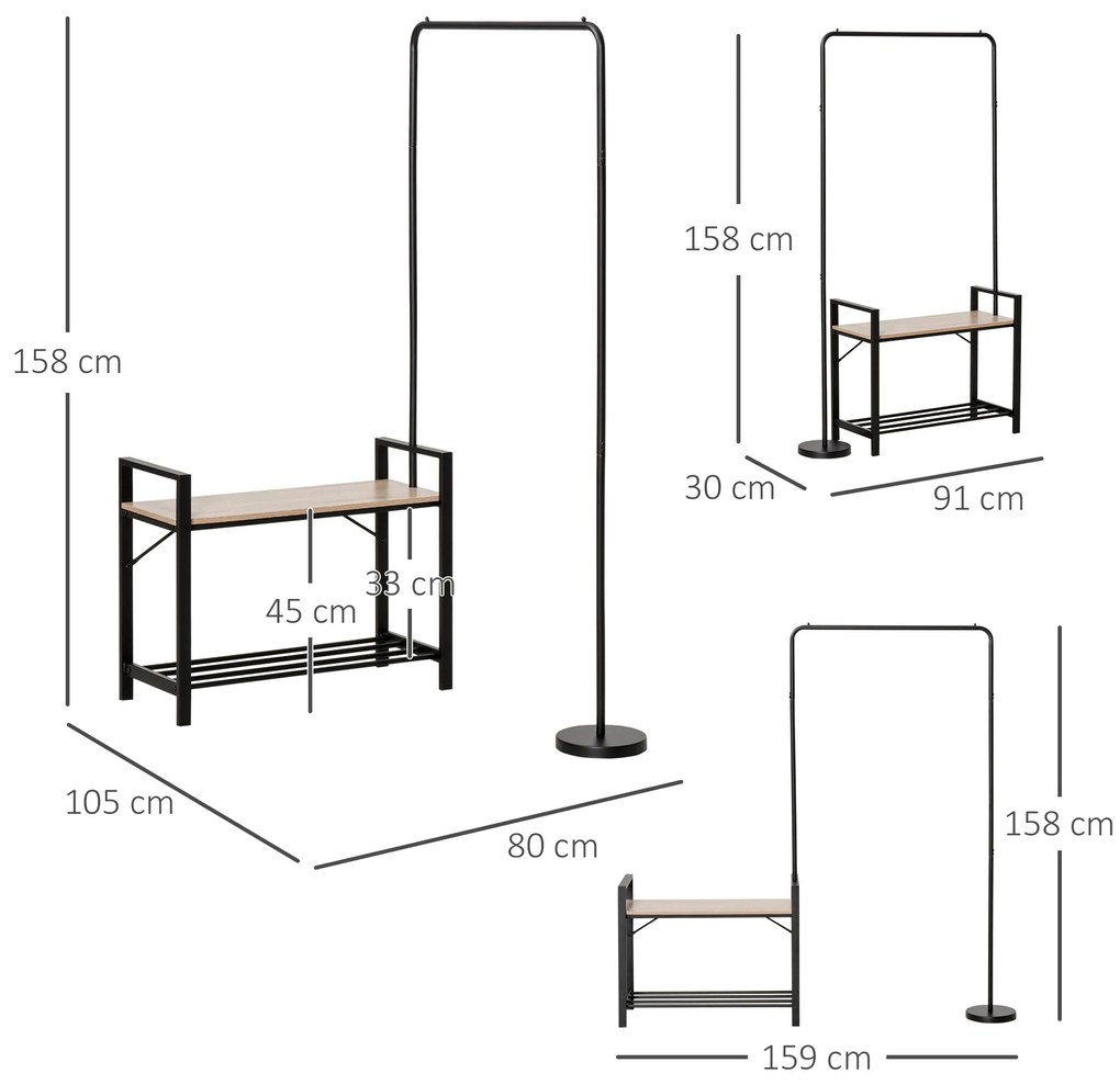 Cabideiro com Sapateiro e Banco 3 em 1 Cabideiro de Pé Giratório 360° com Prateleira Móvel de Entrada Múltiplas Formas para Entrada 159x30x159cm Natur