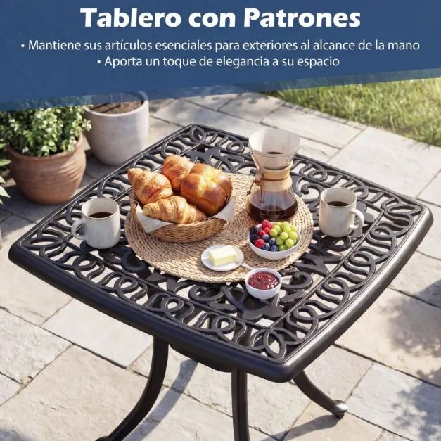 Mesa Jardim em alumínio fundido quadrada 54 x 54 x 53 cm, resistente a todas as condições meteorológicas, com orifício para guarda-sol; resistente à o