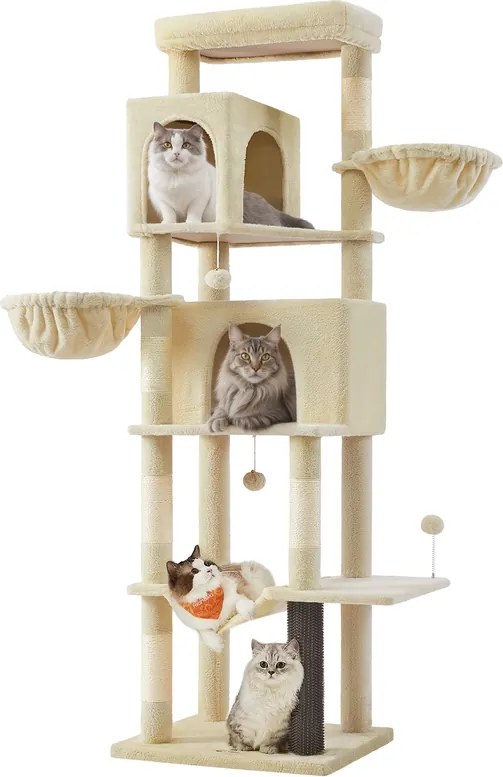 Arranhador gatos com 59 x 48 x 190 cm, com 2 cavidades e 2 recantos para descansar, cor bege areia