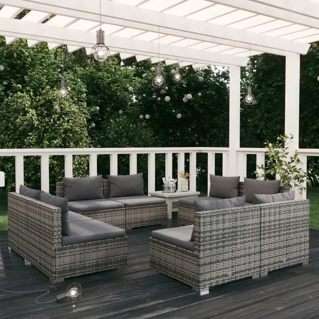 vidaXL 8 pcs conjunto lounge de jardim c/ almofadões vime PE cinzento