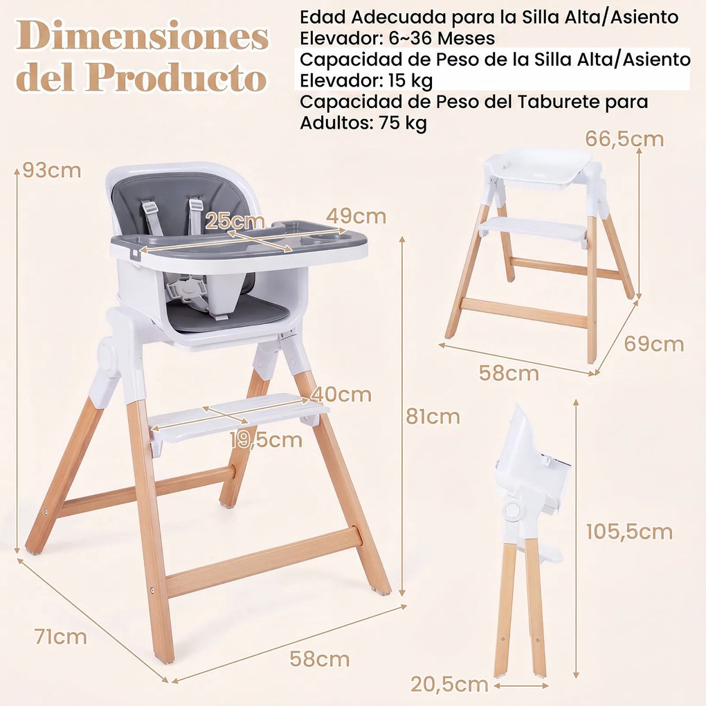 Cadeira de Refeição Evolutiva 4 em 1, 71 x 58 x 93 cm, Tabuleiro Duplo Ajustável, Cinzento