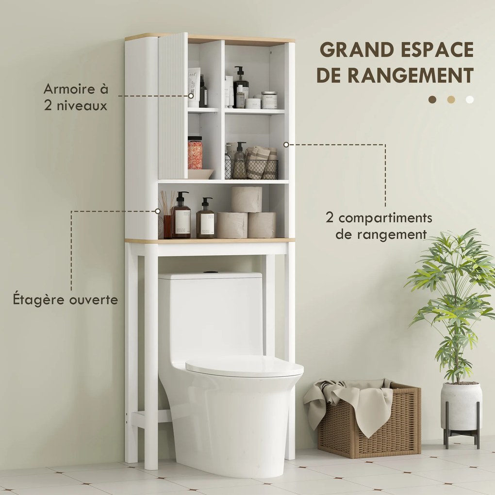 Móvel de arrumação para colocar por cima da sanita 65 x 25 x 170 cm, com porta canelada, compartimentos e prateleira ajustável, branco