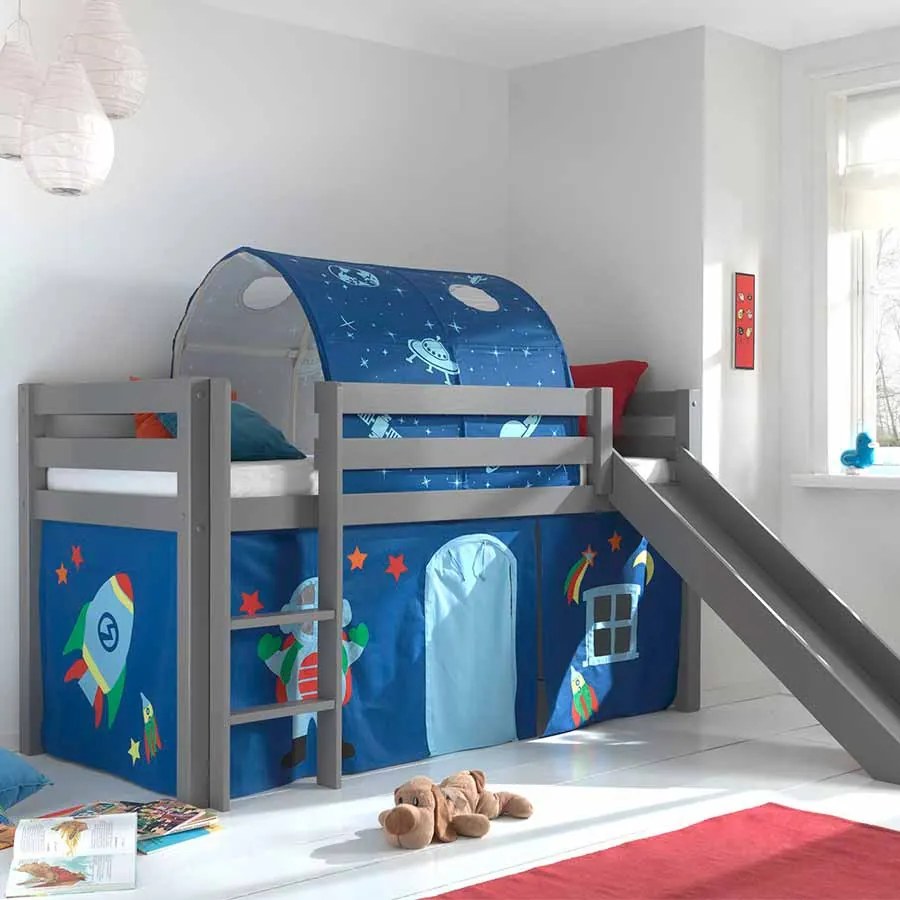 Conjunto Cama alta de Criança PINO 90 x 200 cm + estrado + escada + escorrega + tunel + cortina Astronauta Cinzenta