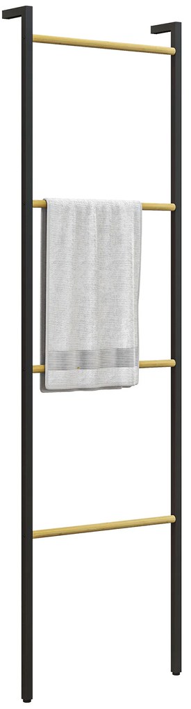 Toalheiro de 4 Níveis Toalheiro Casa de Banho com 4 Barras de Bambu e Estrutura de Aço 49x5,5x167,5 cm Preto e Madeira