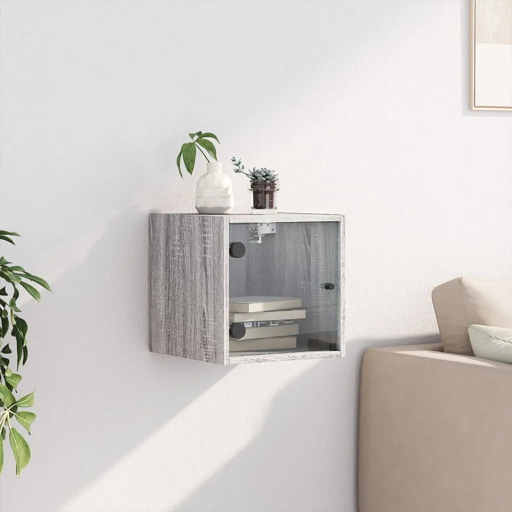 Mesa de cabeceira c/ porta de vidro 35x37x35 cm cinzento sonoma