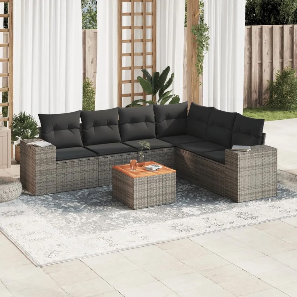 7 pcs conjunto sofás p/ jardim c/ almofadões vime PE cinzento