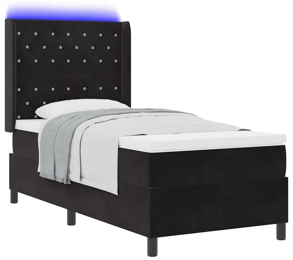 Cama Box com Colchão e LED Preto 100x200 cm Veludo