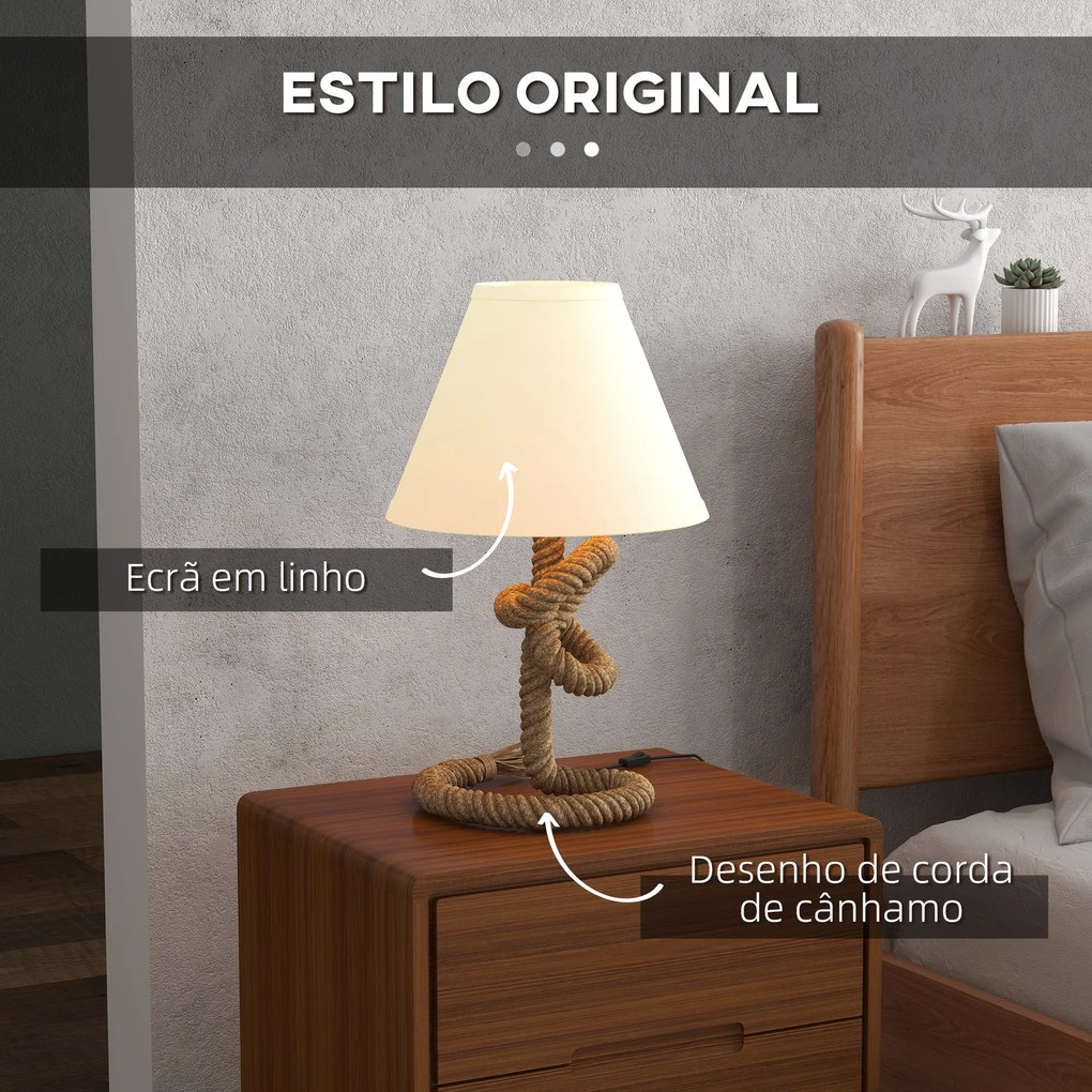 Candeeiro de Mesa LED com Base de Metal Corda de Linho e Ecrã de Tecido Suporte para Lâmpada E27 Ø28x45,5 cm Casatanho Bege