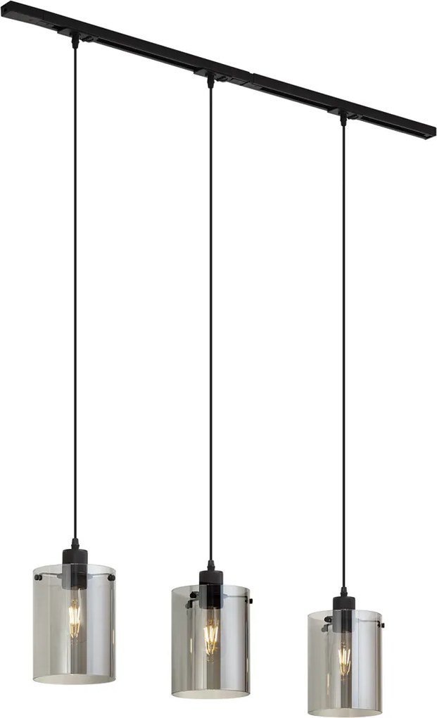 Sistema de calha monofásico moderno preto com 3 candeeiros pendentes de vidro fumado - Iconic Dome