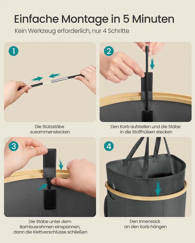 Cesto para roupa suja com tampa e saco removível 42,5 x 32,5 x 75 cm cinzento + bege natural