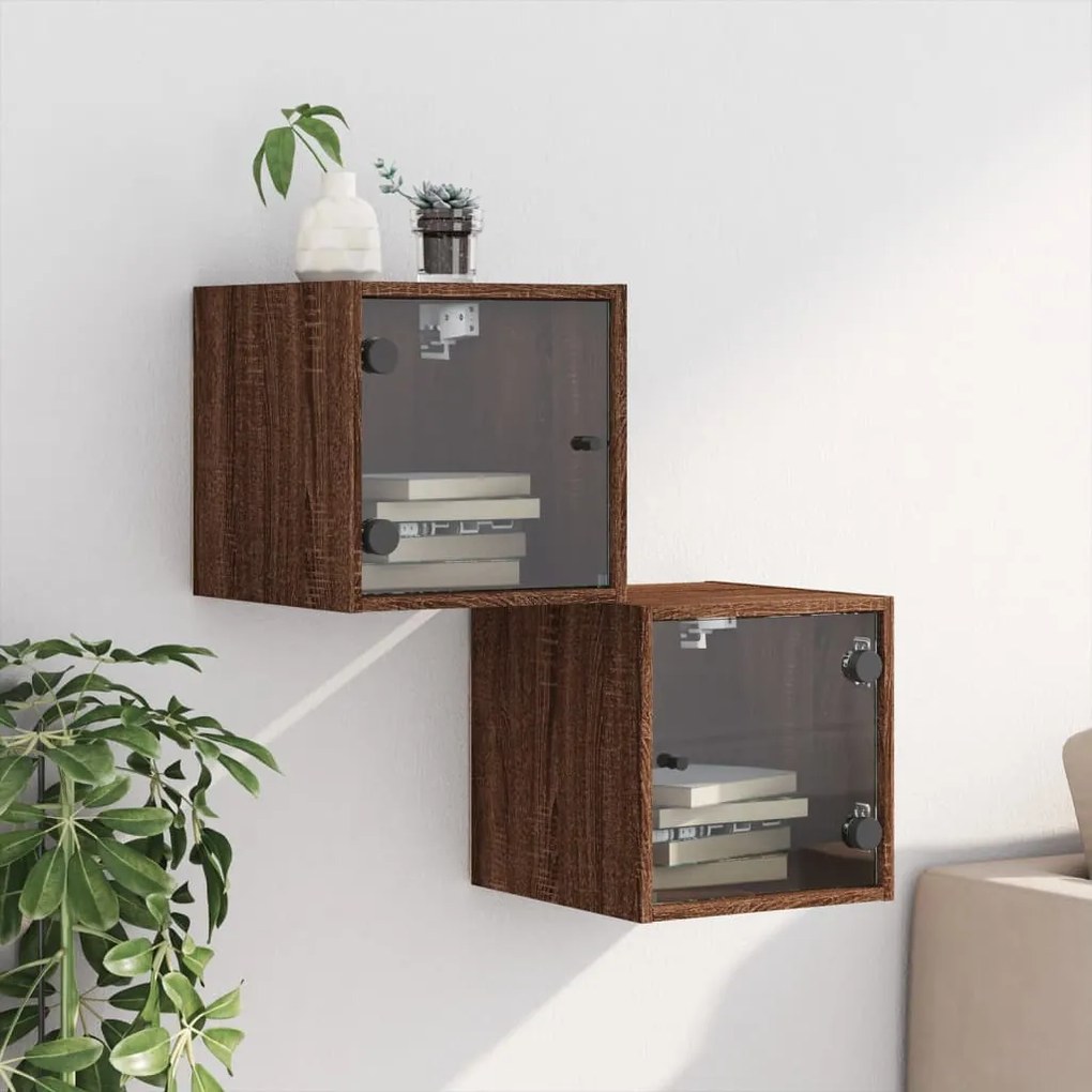 Mesas cabeceira portas vidro 2 pcs 35x37x35cm carvalho castanho