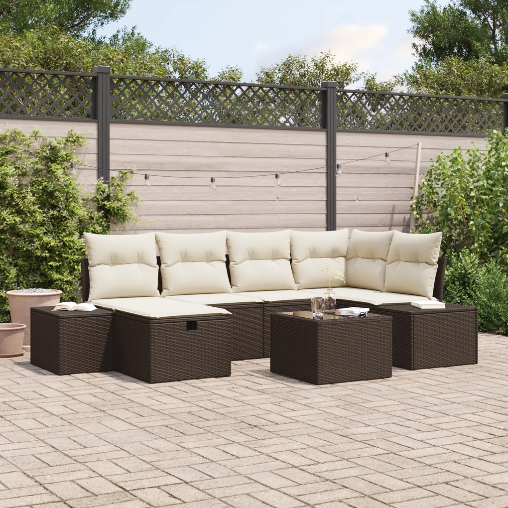Conjunto de Sofá de Jardim de 7 Peças com Almofadas Marrom Rattan Poly