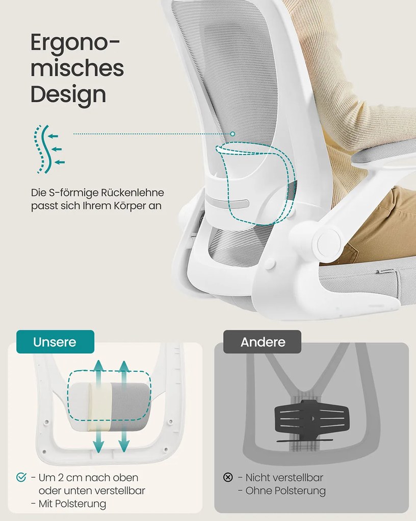Cadeira de escritório ergonómica com malha e assento de 53 cm, cinzento claro
