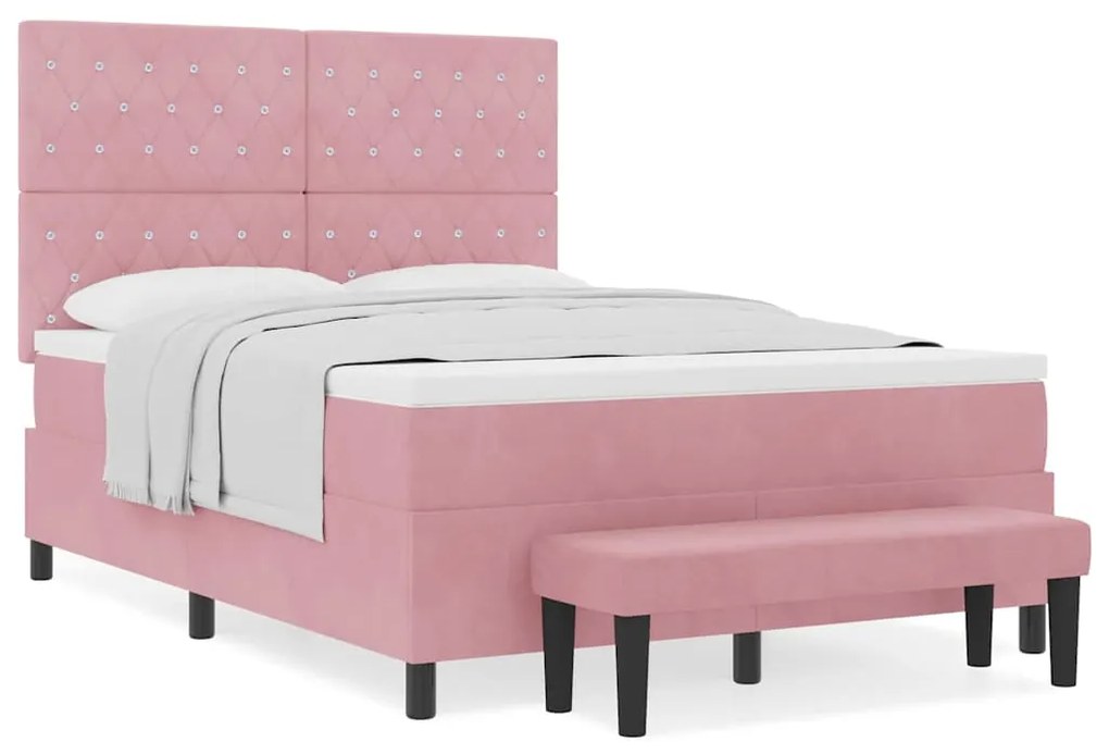 Cama Box Spring com Colchão e Banco Rosa 160x200 cm Veludo