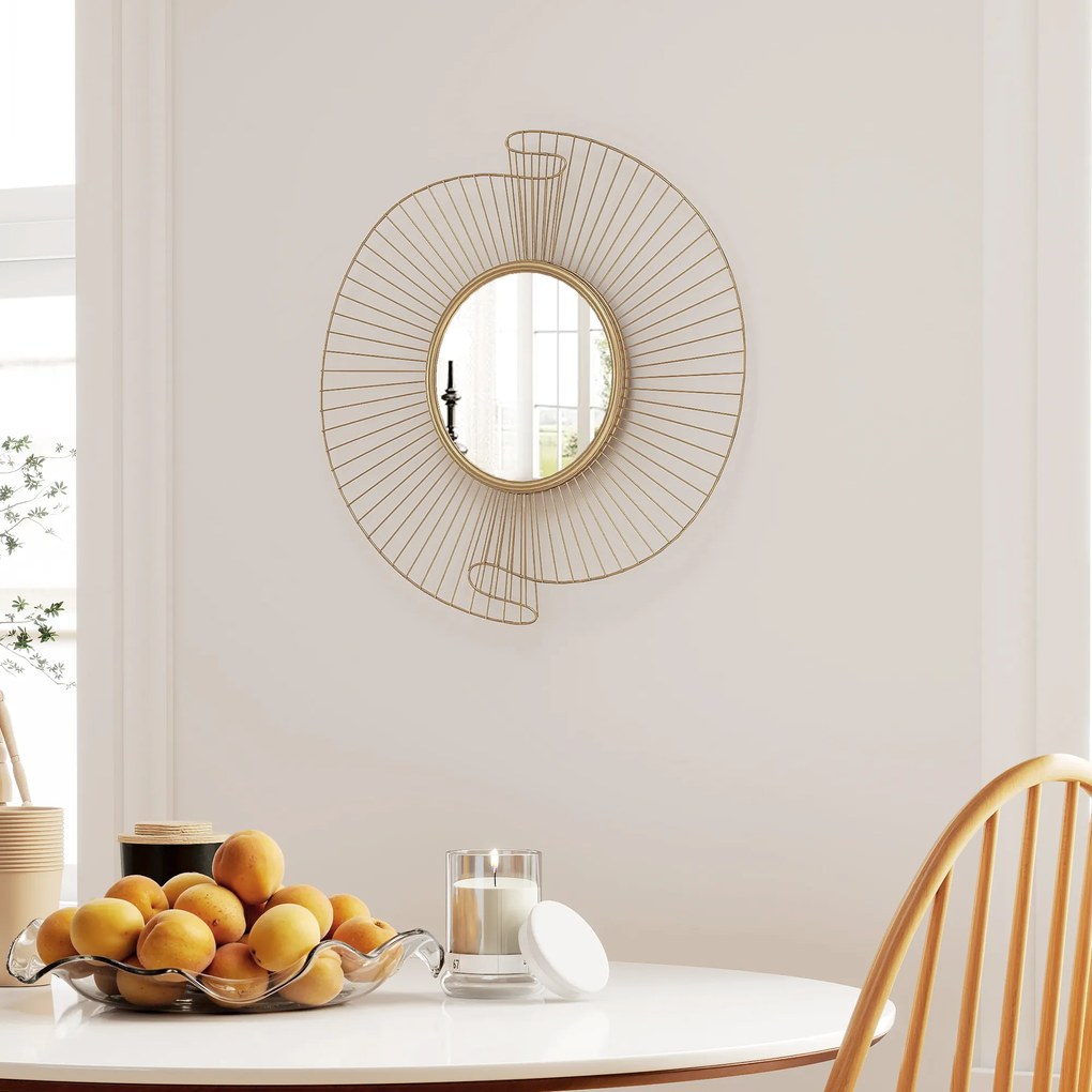 Espelho decorativo redondo de 60 cm com fixação de 360°, decoração de parede moderna em metal com detalhes plissados, dourado