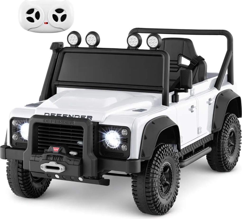 Jipe Land Rover Defender elétrico infantil 12V com comando à distância, suspensão completa, faróis e música para idades entre 3 e 8 anos, Branco