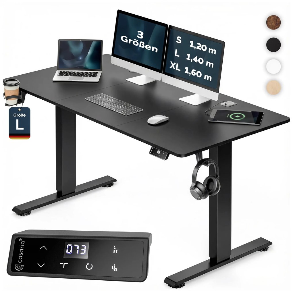Secretária elétrica com altura ajustável 140x60x72-117 cm Preta