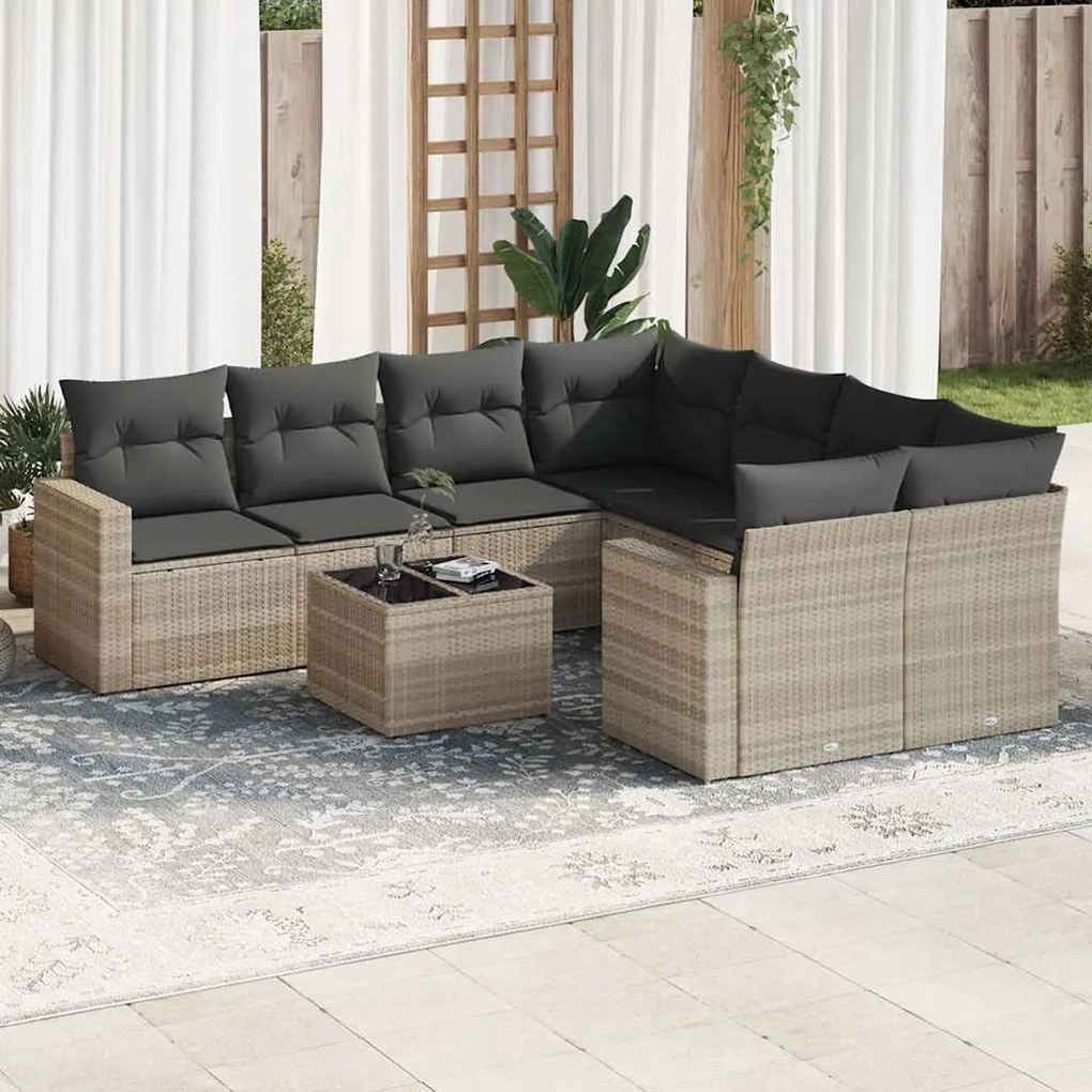 9 pcs conj. sofás jardim com almofadões vime PE cinzento-claro