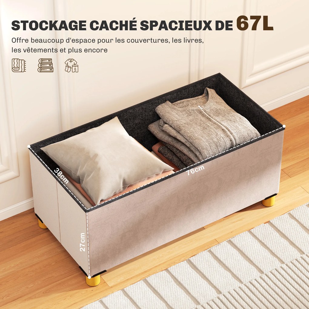 Banco de arrumação dobrável para colocar ao pé da cama 76 x 38 x 38 cm, com 67 L de capacidade e 120 kg de carga máxima, com tampa, cor-de-rosa
