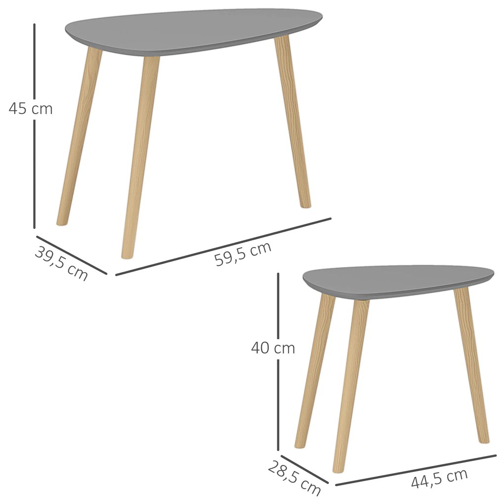 Conjunto de 2 Mesas Auxiliares com Pés de Madeira Mesas de Café 59,5x39,5x45cm e 44,5x28,5x40 cm Cinza