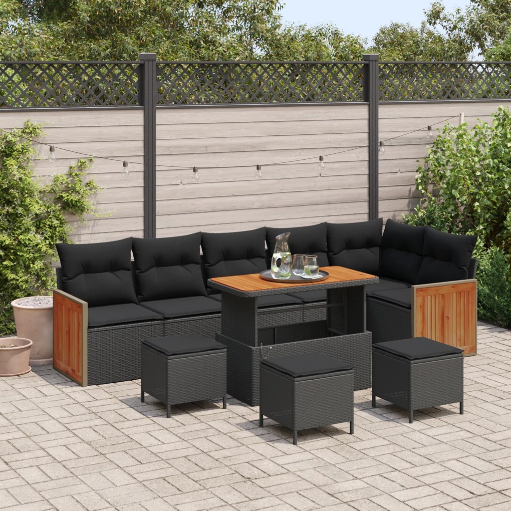 Conjunto de Sofá de Jardim de 10 Peças com Almofadas Preto Vime Sintét