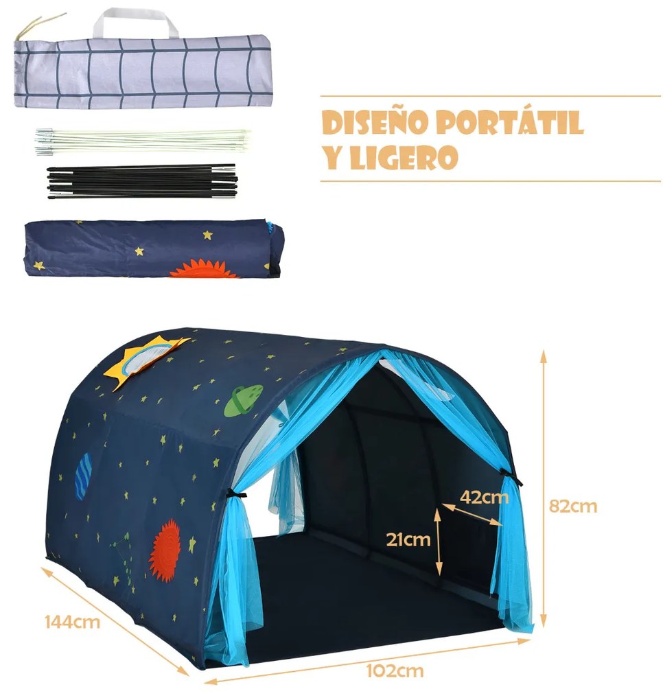 Tenda de Cama para Crianças Tenda de Brincar Tenda Portátil para Crianças Pop Up com saco de transporte de cortina dupla 144 x 102 x 82 cm Azul