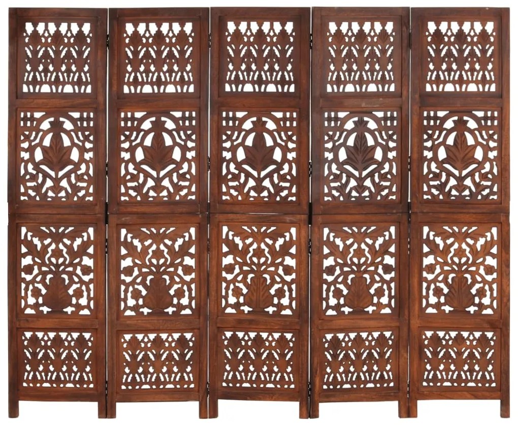 Biombo esculp. mão 5 painéis 200x165cm mangueira maciça castanho