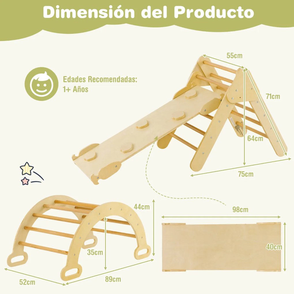 Triângulo de trepar em madeira 4 em 1 para crianças Jogo de trepar com triângulo/arco/alça para deslizar ou trepar Montessori Natural