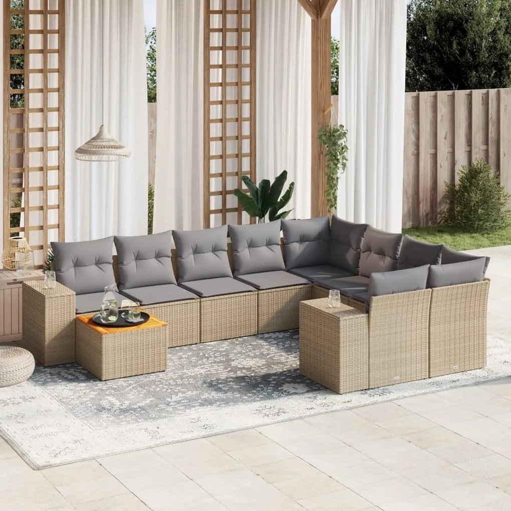 vidaXL 10 pcs conjunto de sofás p/ jardim com almofadões vime PE bege