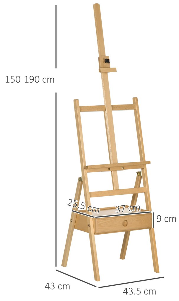 Cavalete de Pintura para Telas de Até 92 cm com Gaveta Altura Ajustável e Estrutura em H 43,5x43x150-190 cm Madeira