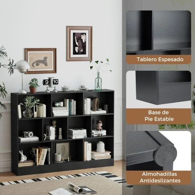 Estante com 10 cubos com armazenamento 140 x 24 x 104 cm com 3 níveis para sala de estar Quarto Preto