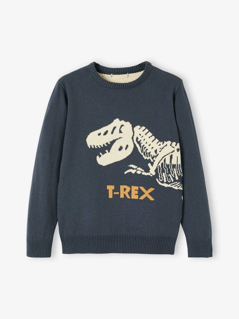 Camisola em jacquard com dinossauro, para menino azul medio liso com motivo