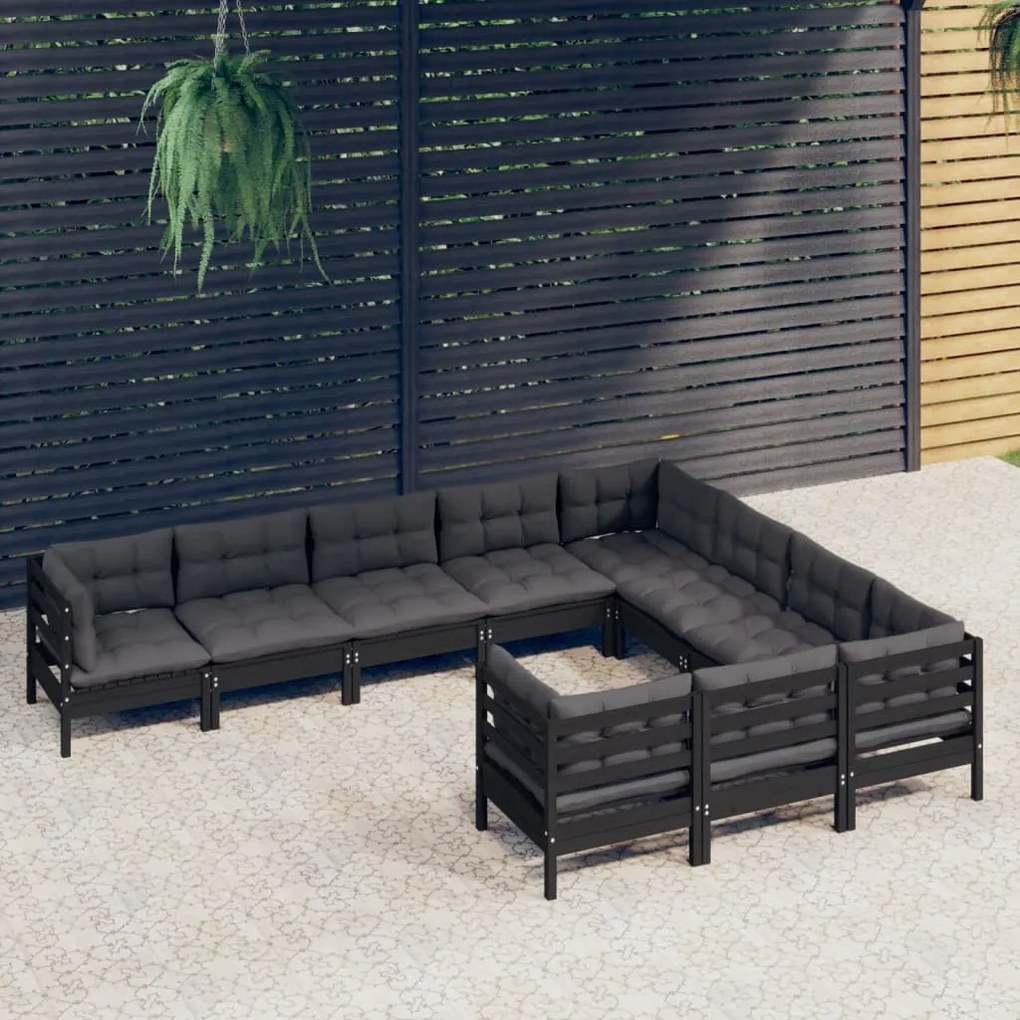 vidaXL 10 pcs conjunto lounge de jardim c/ almofadões pinho preto