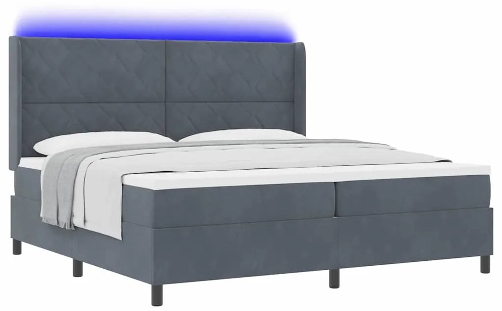 Cama Box Spring com Colchão &amp; LED Cinza Escuro 200x200 cm Veludo