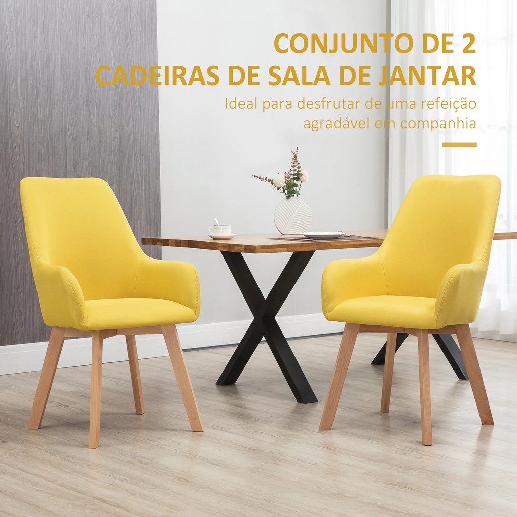 HOMCOM Conjunto de 2 Cadeiras de Sala de Jantar Cadeiras de Sala de Jantar Estofada em Linho com Encosto Alto e Pés de Madeira de Borracha para Sala de Estar Escritório Carga Máxima 120kg 60x67,5x101cm Amarelo