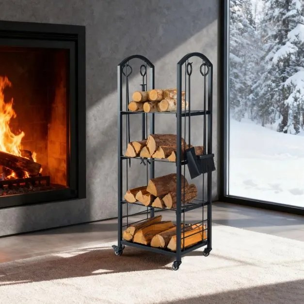 Estante para lenha 47 x 33 x 122 cm de 4 níveis com rodas e conjunto de 5 ferramentas. Inclui tenaz, atiçador, vassoura e pá para interior e exterior.